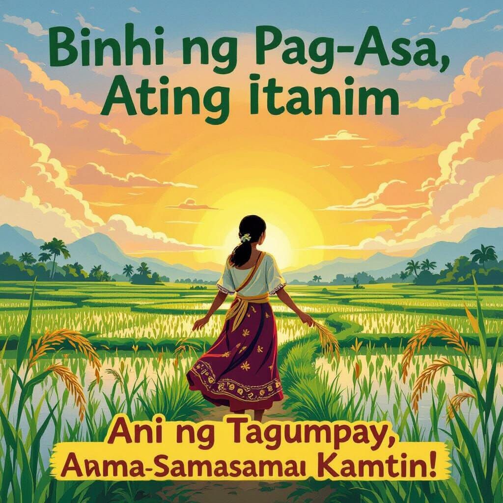 Rice Paddy Sunrise: Whimsical Illustration with Traditional ...