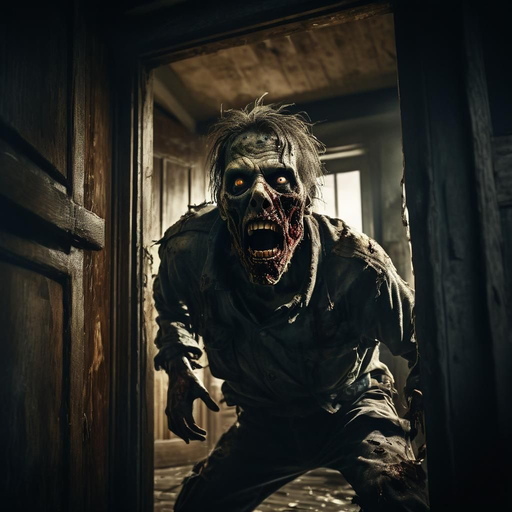 Rotten Zombie Breaks Through Door in Apocalypse