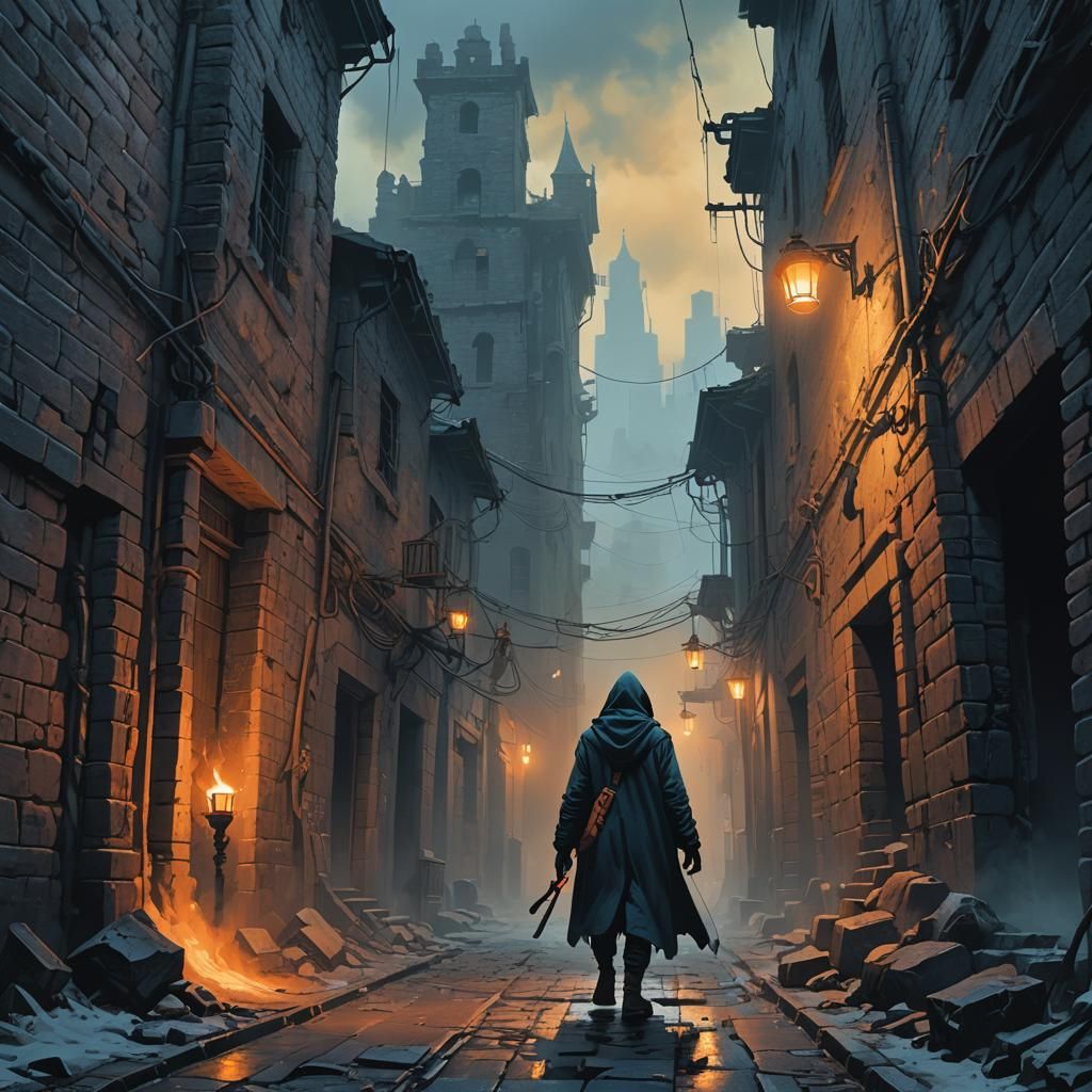 Hooded Figure in Dark Fantasy Ruins