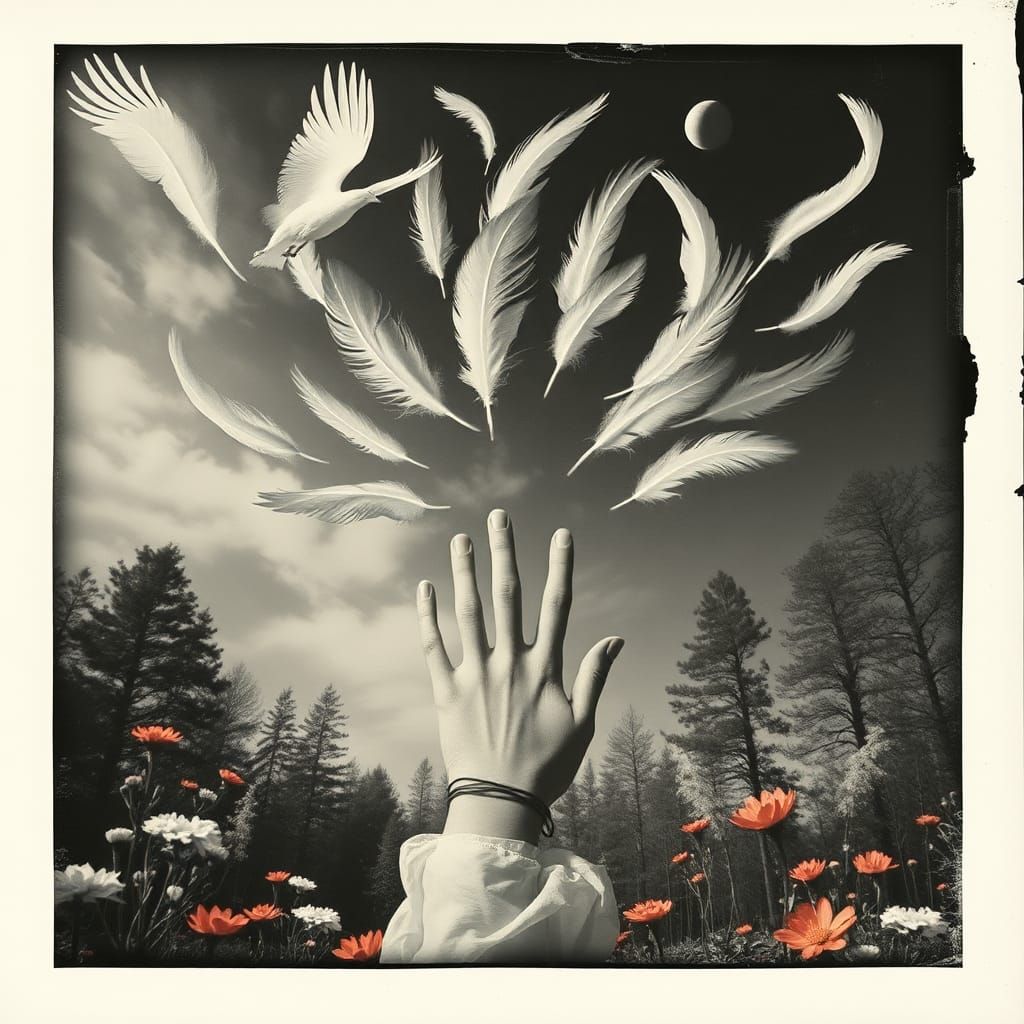 Surreal Photogram of Feathers and Flowers