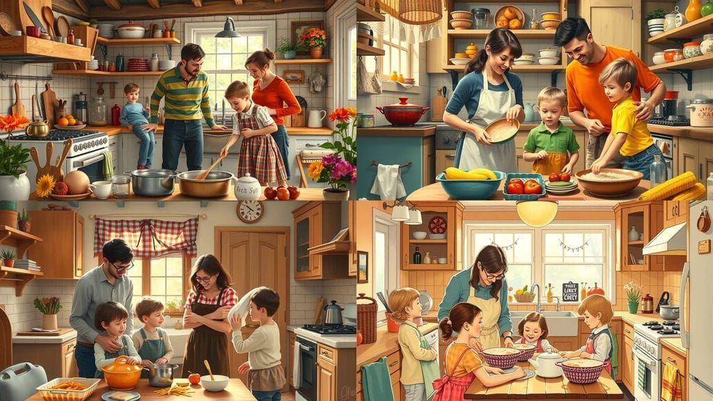 Family Cooking and Cleaning Together: Teamwork in Action