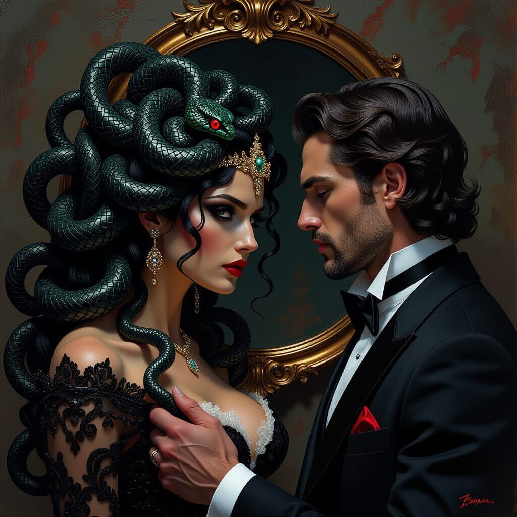 Gothic Medusa Glaring in Mirror, Dark Fantasy Art