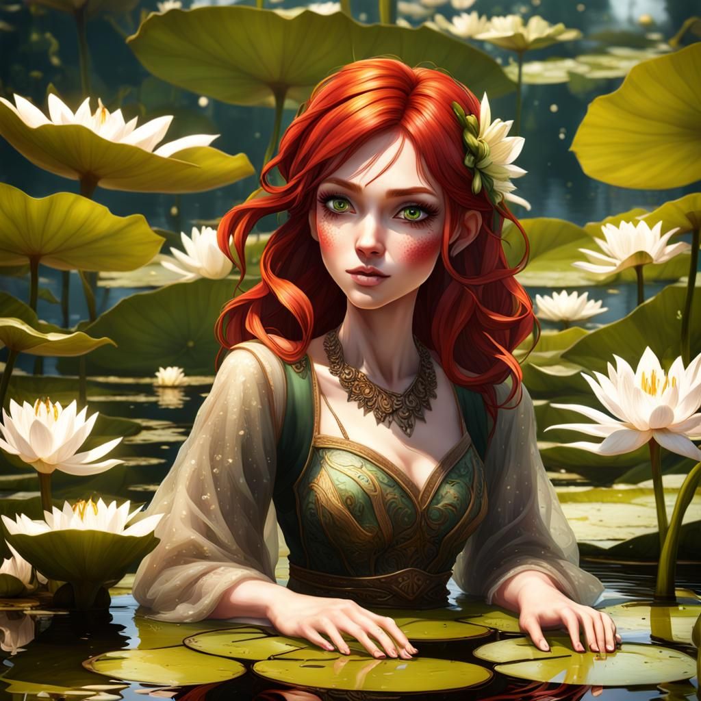 Red-Haired Girl on Lily Pad: Fantasy Concept Art