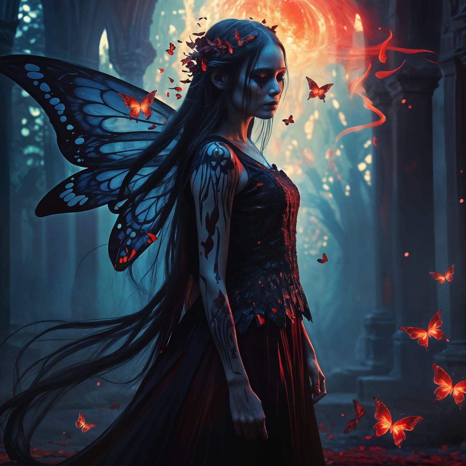 Death as Beautiful Woman with Red Fairy Wings
