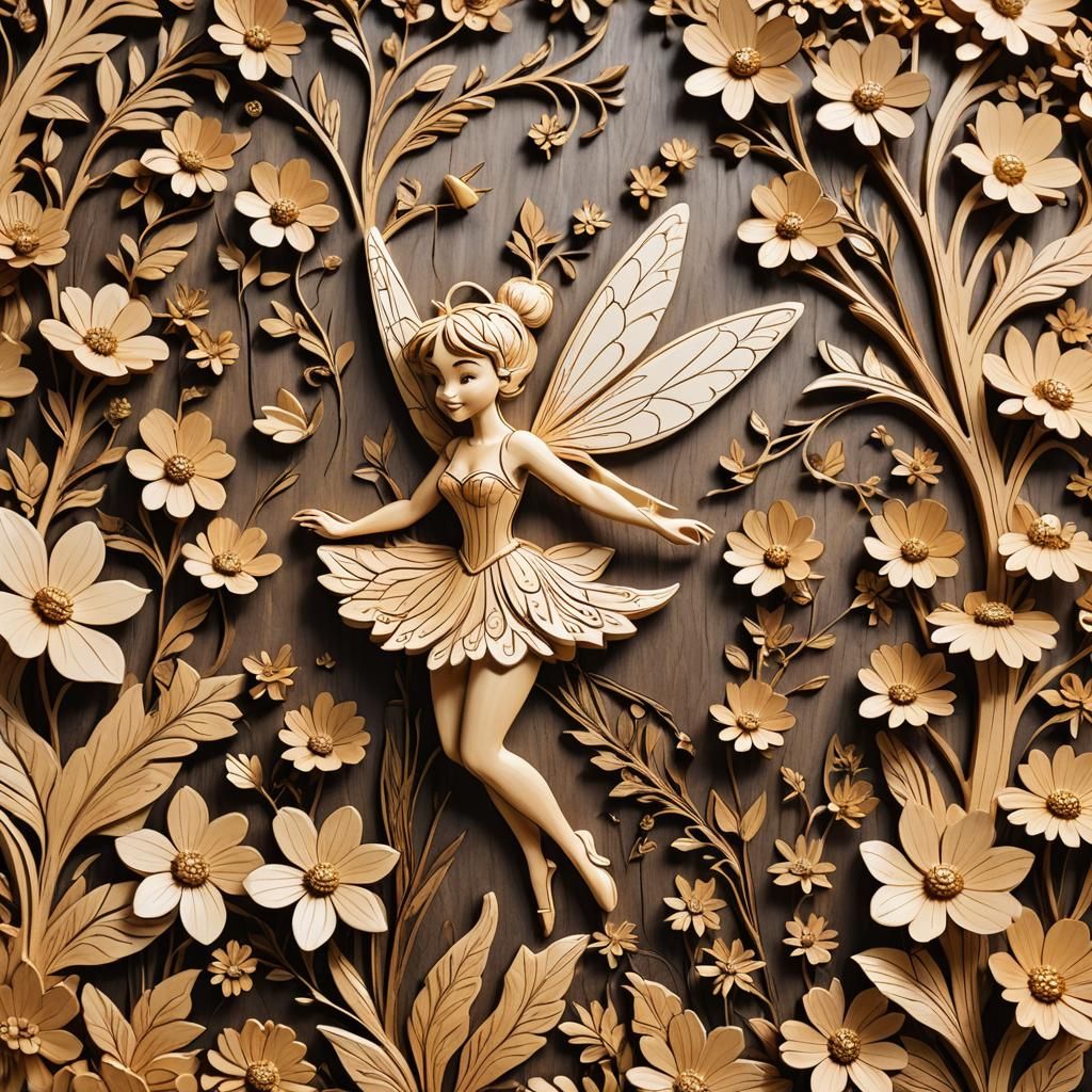 Tinker Bell Wood Carving in Sunny Forest