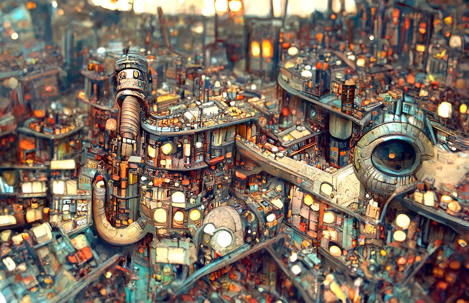 Steampunk Dystopian City Aerial View in Cyberpunk Style