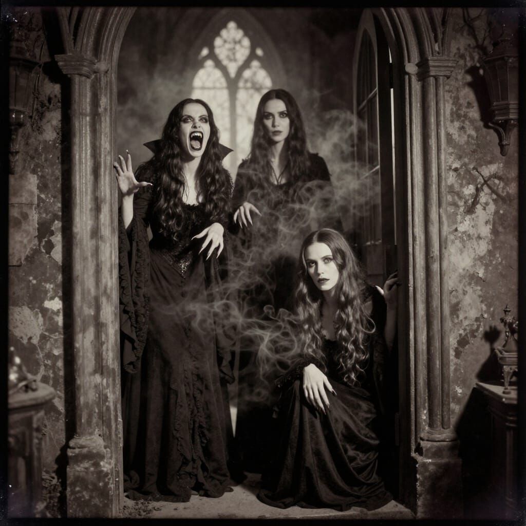 Gothic Vampires in Haunted Castle Doorway