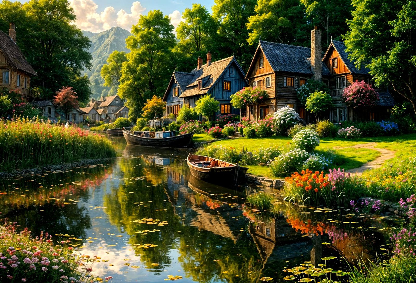 Serene Riverside Village Reflection in Splash Art Style