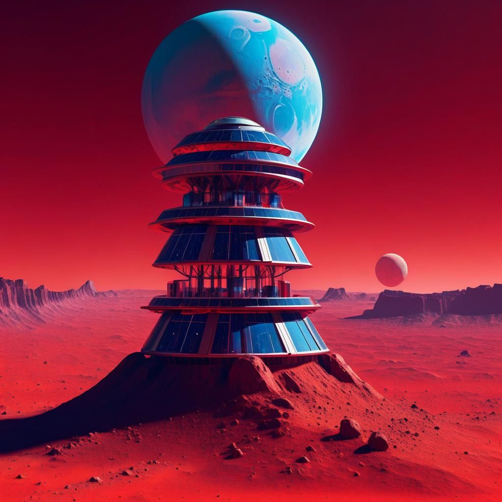 Blue Tower on Mars in Cassette Futurism Style