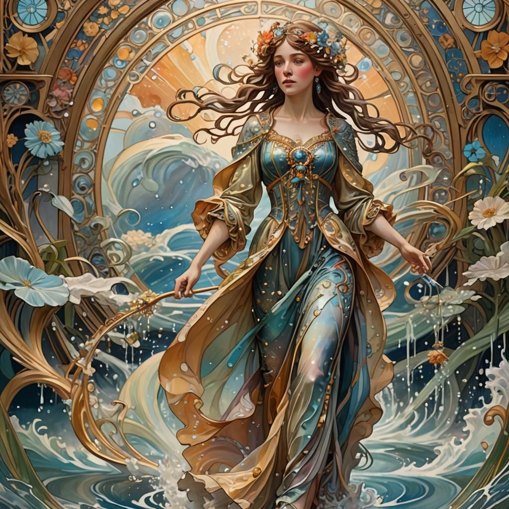 Art Nouveau Woman on Runway with Swirling Water