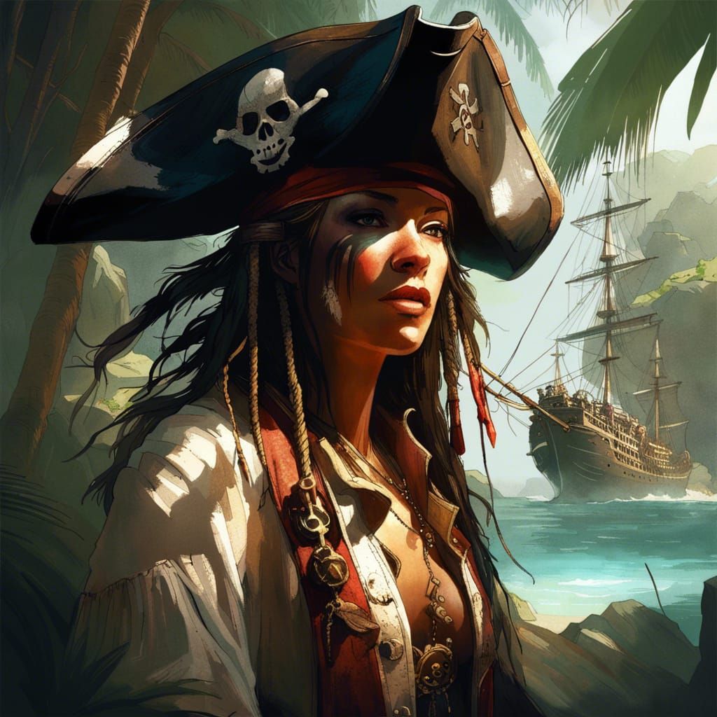 Pirate in Tropical Cove with Dramatic Lighting