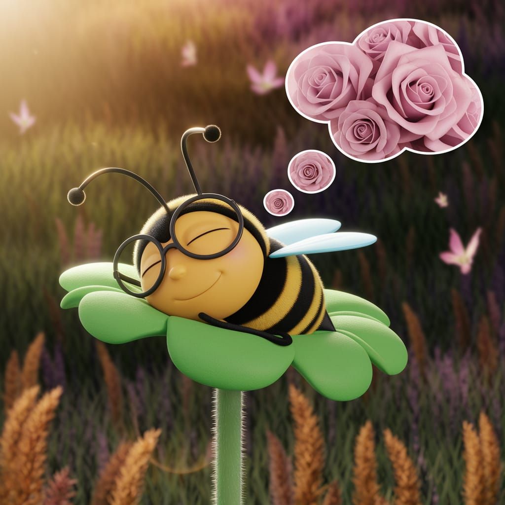 Cartoon Bumblebee's Dream of Roses in a Warm Landscape