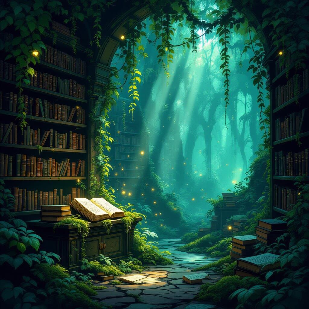 Ancient Forest Library with Ethereal Glow