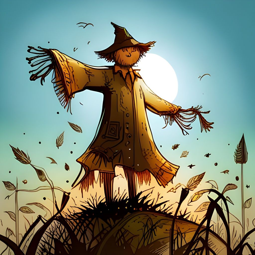 Detailed Scarecrow in Field with Golden Outlines