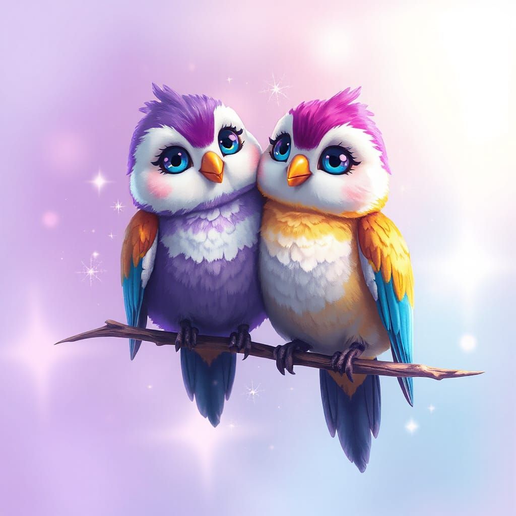Stylized Lovebirds in Vibrant Fantasy Landscape