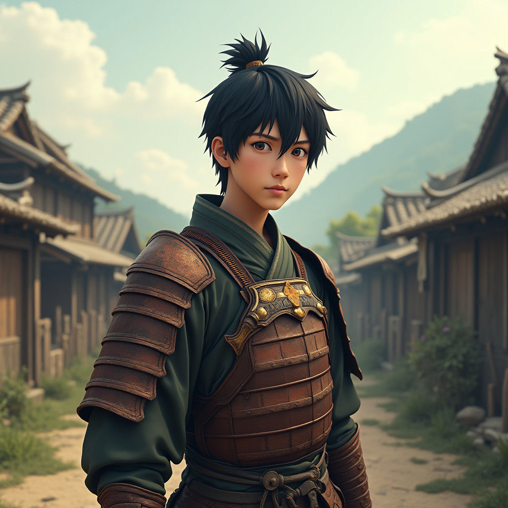 Young Samurai in Feudal Village, Anime Art Style