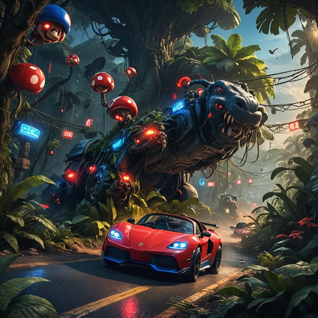 Mario Drives Bugatti Through Jungle: Fantasy Concept Art