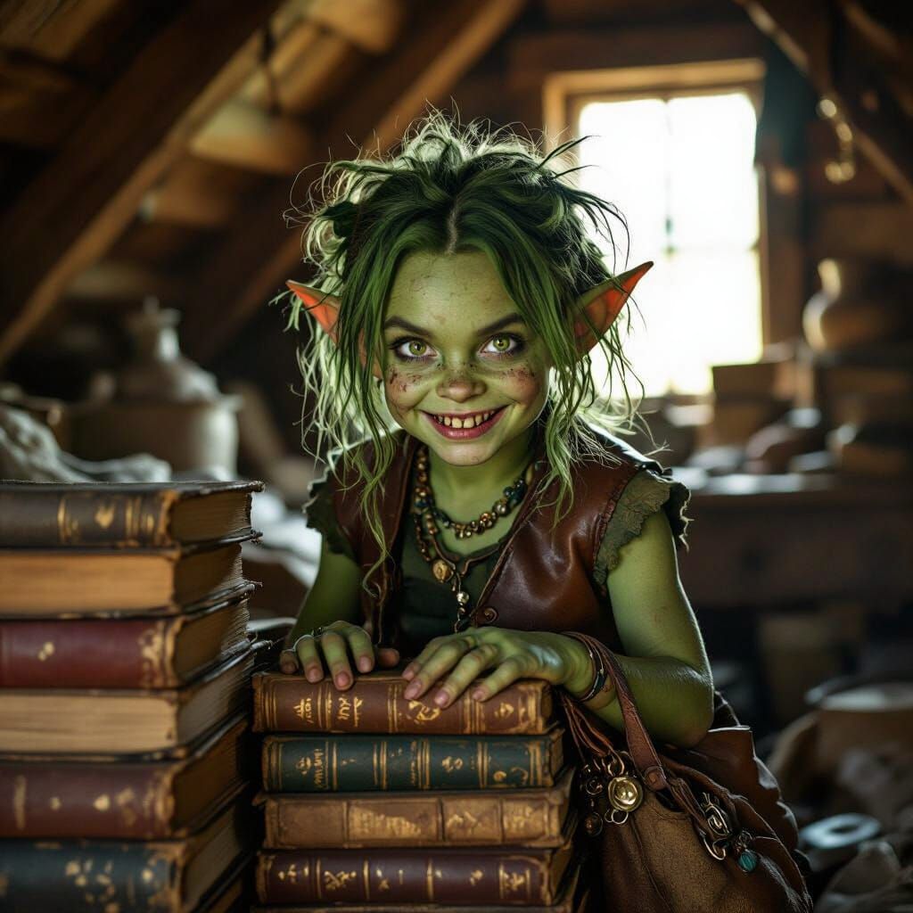 Goblin Girl Peeks From Ancient Tomes in Dusty Attic