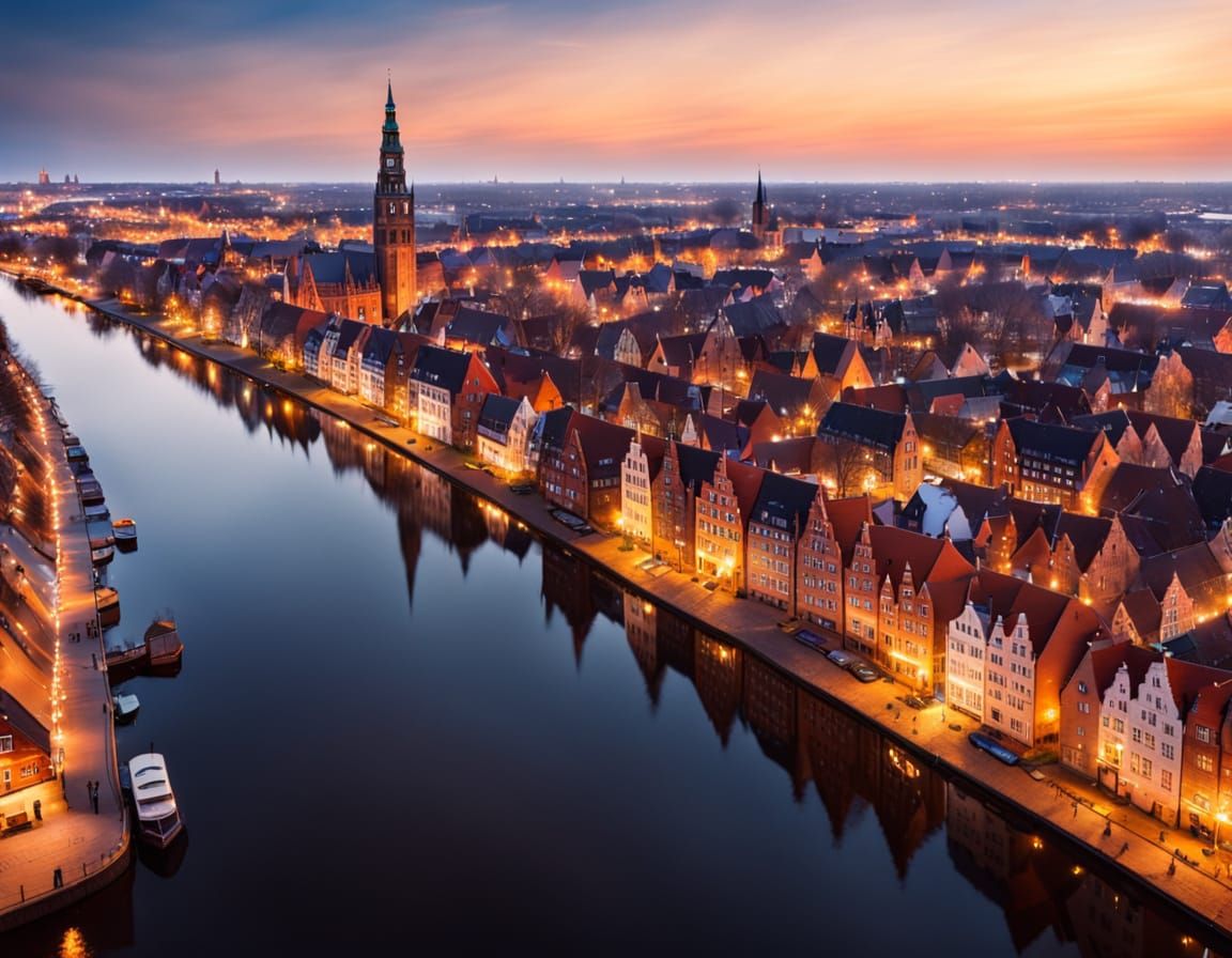 Watercolor Cityscape of Gdansk at Magic Hour