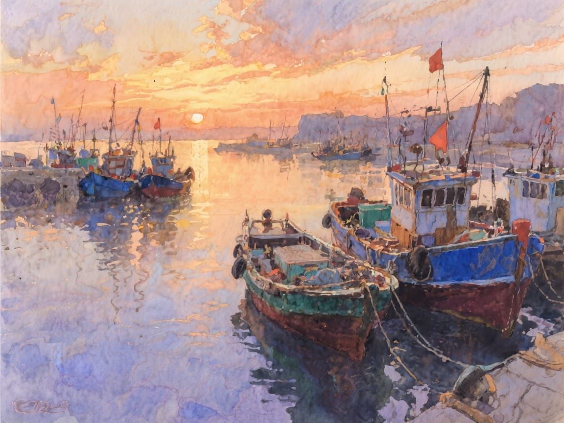 Realistic Sunset Over Harbor in Watercolor Style
