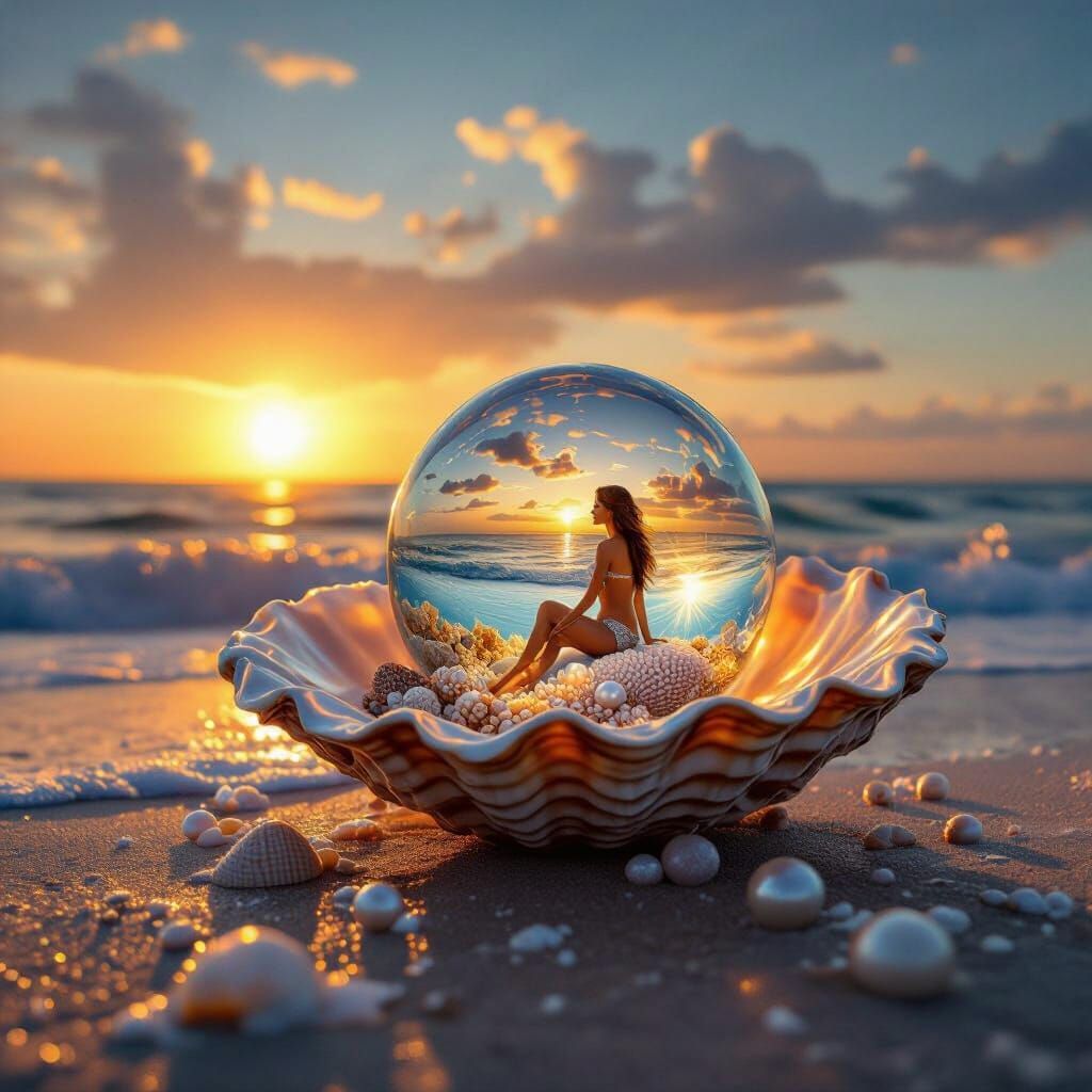 Giant Seashell Opens at Sunset with Mermaids and Crystal Det...
