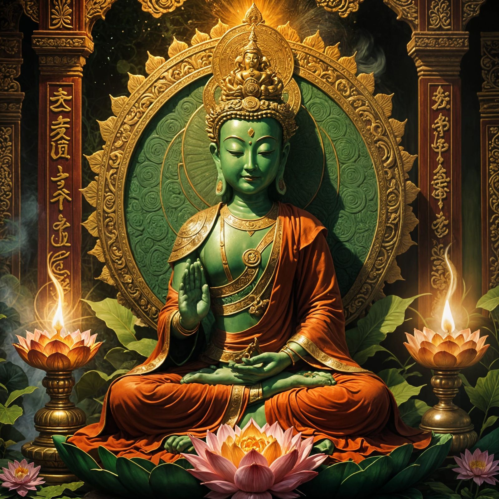 Vibrant Green Tara in Serene Tibetan Temple