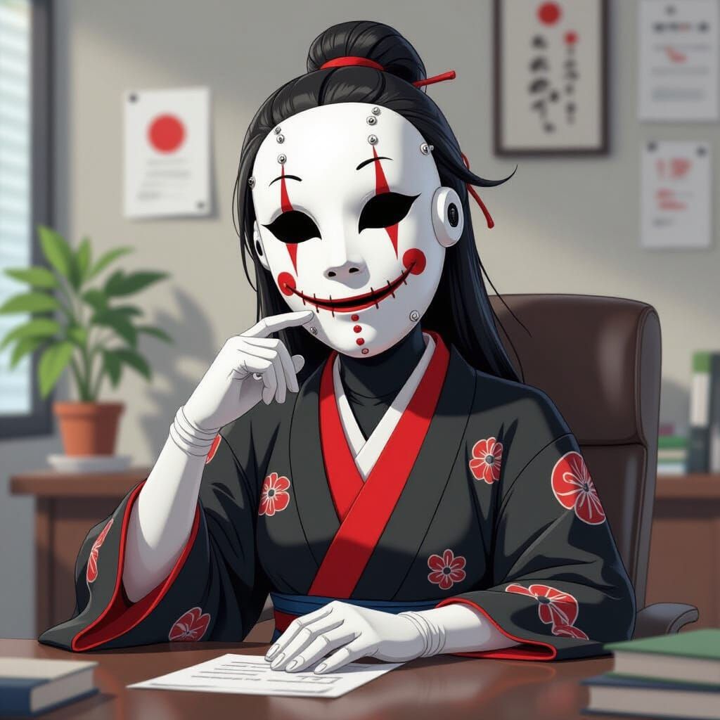 Cartoon Character with Mask at Office Desk