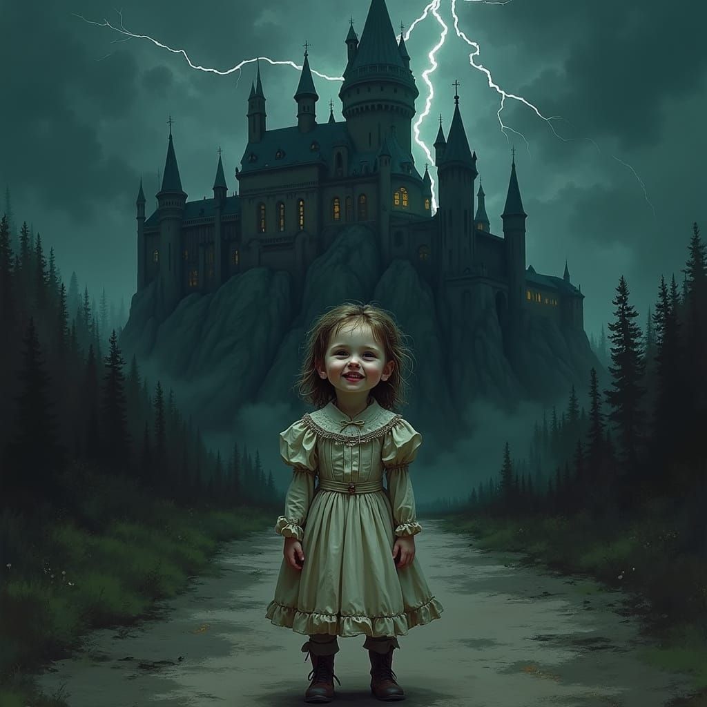 Creepy Victorian Child and Castle in Storm