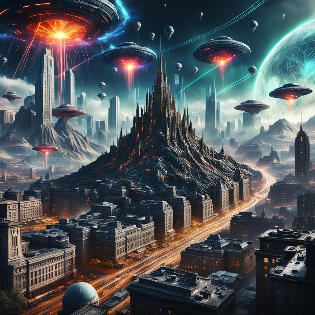 UFO Attack on City: Detailed Matte Painting