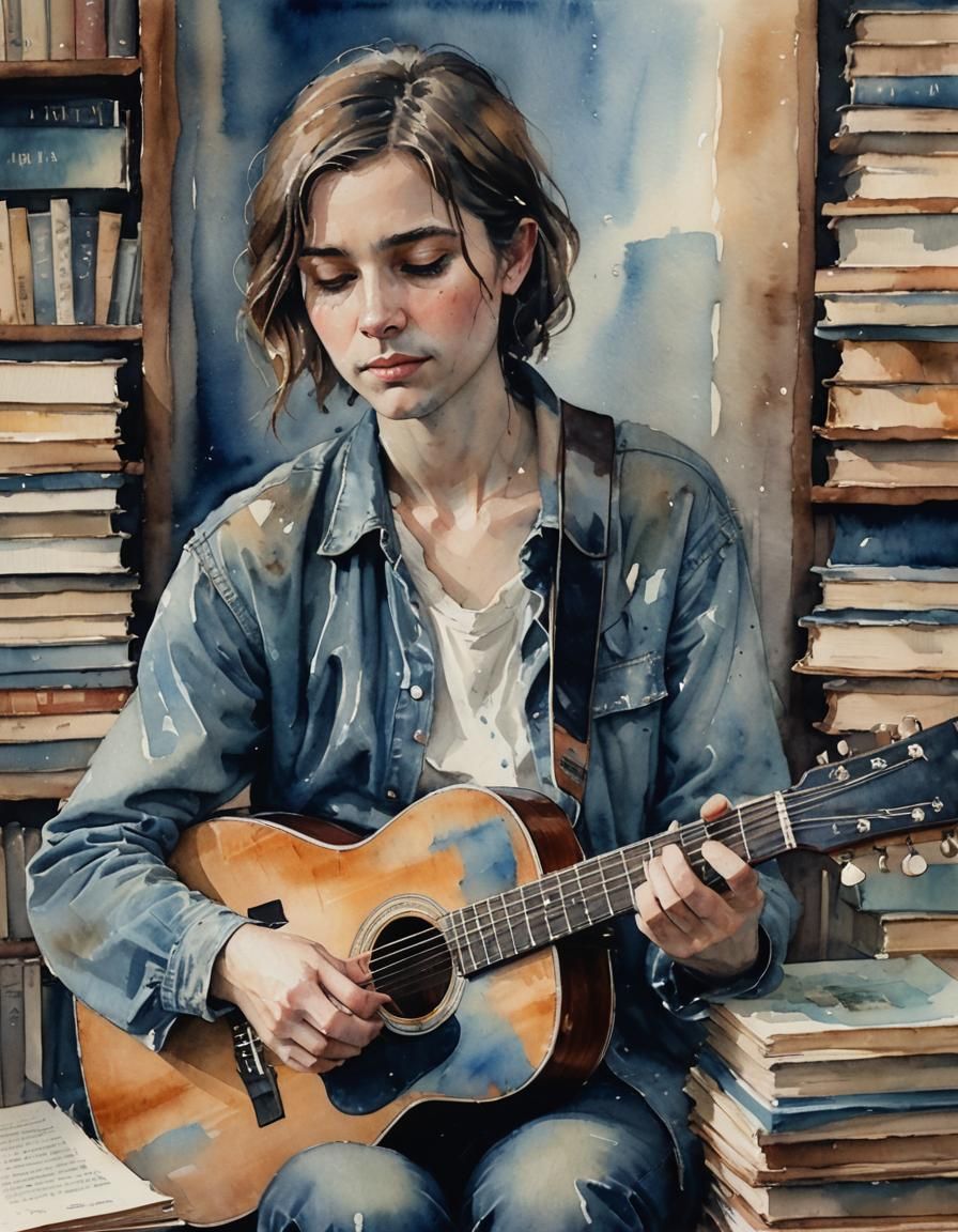 Dreamy Watercolour Portrait of Guitarist in Nostalgic Haze