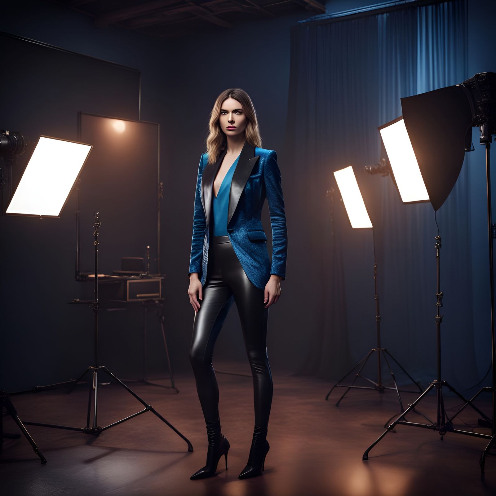 A supermodel in blue velvet blazer and black leather legging...
