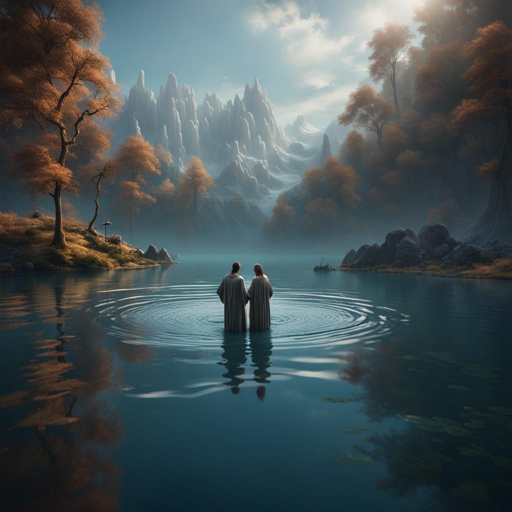 Lake Baptism in Detailed Matte Painting Style