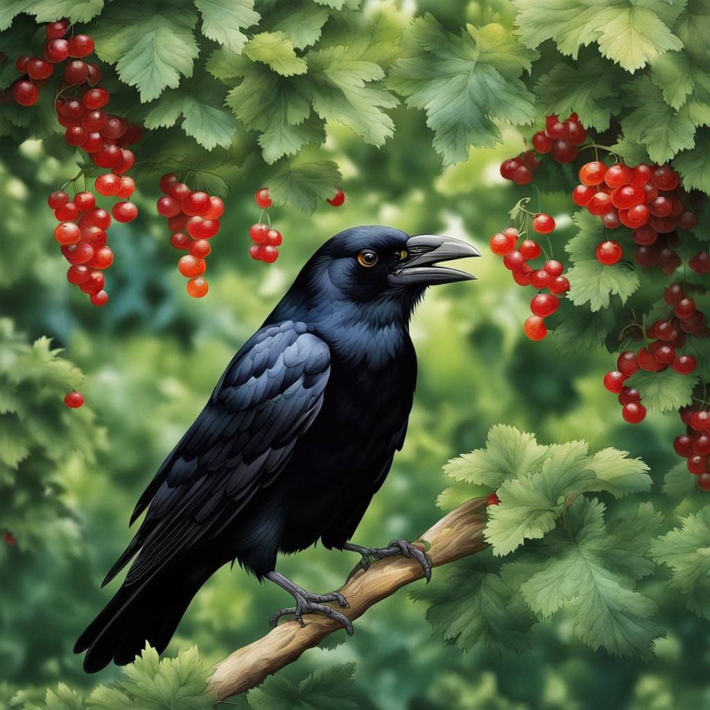 Humanoid Crow Harvesting Currants from Tree