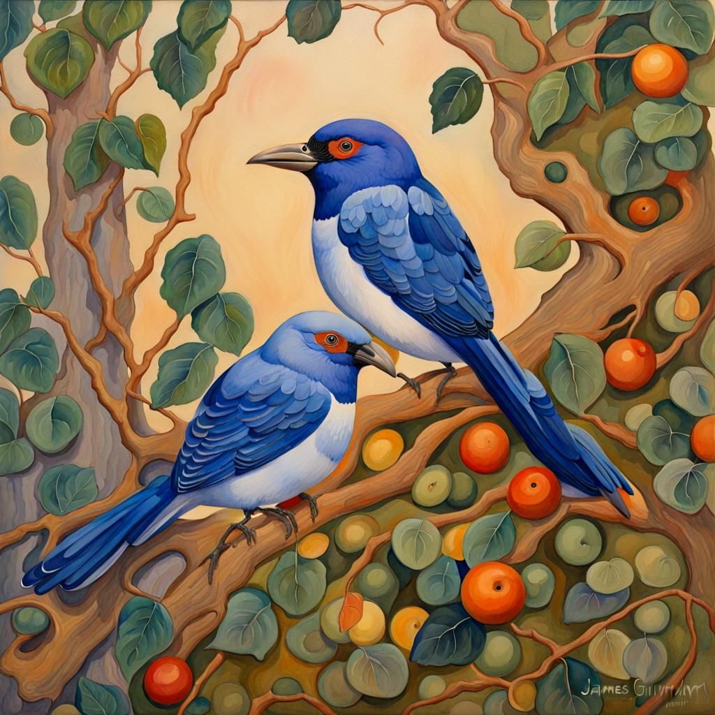 Folk Art Birds on Antique Canvas