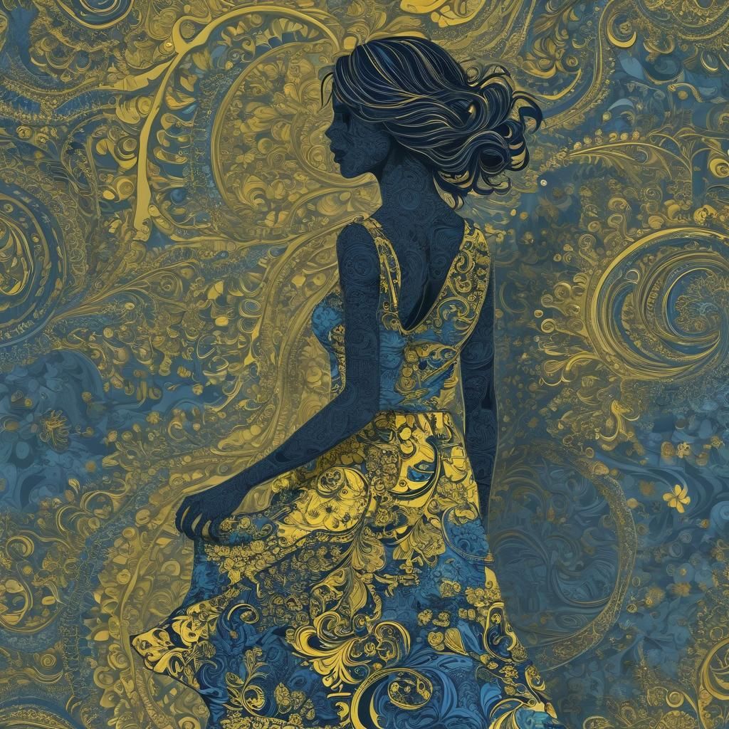 A “silhouette” of a woman in a blue yellow sundress ,  “silh...