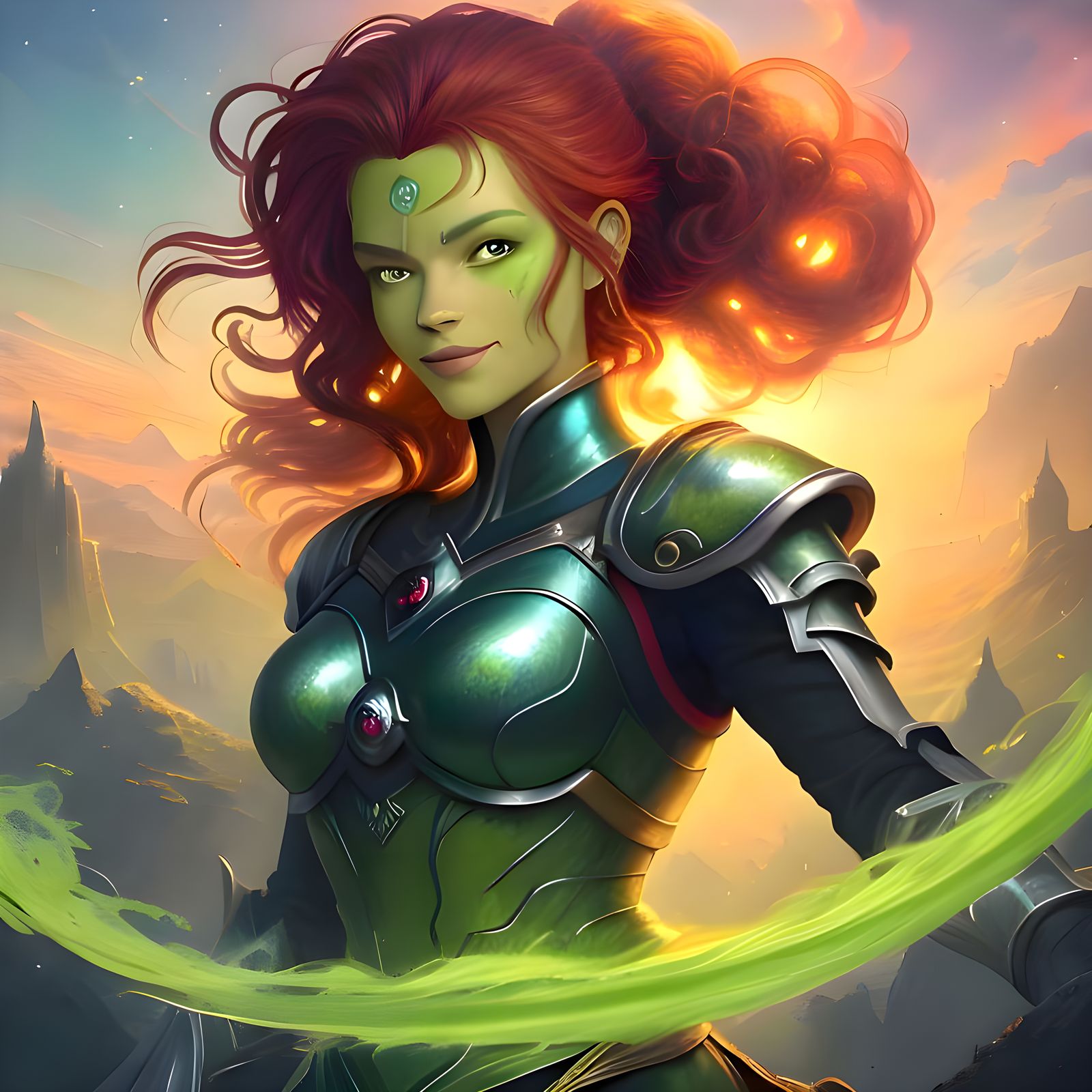 Green-Skinned Teen with Scarlet Eyes and Ponytail