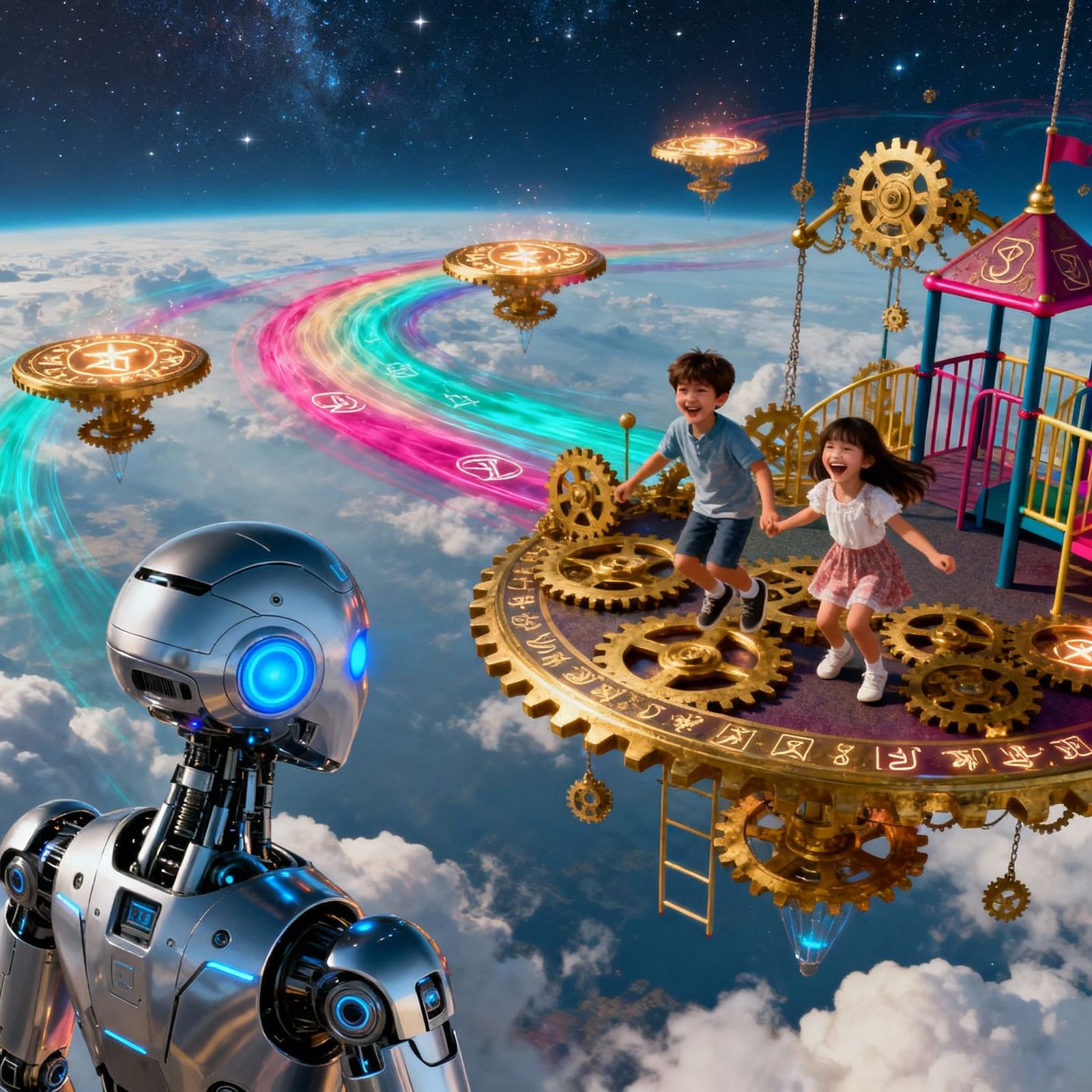 Robot Nanny Watches Kids on Sky Playground in Matte Painting...