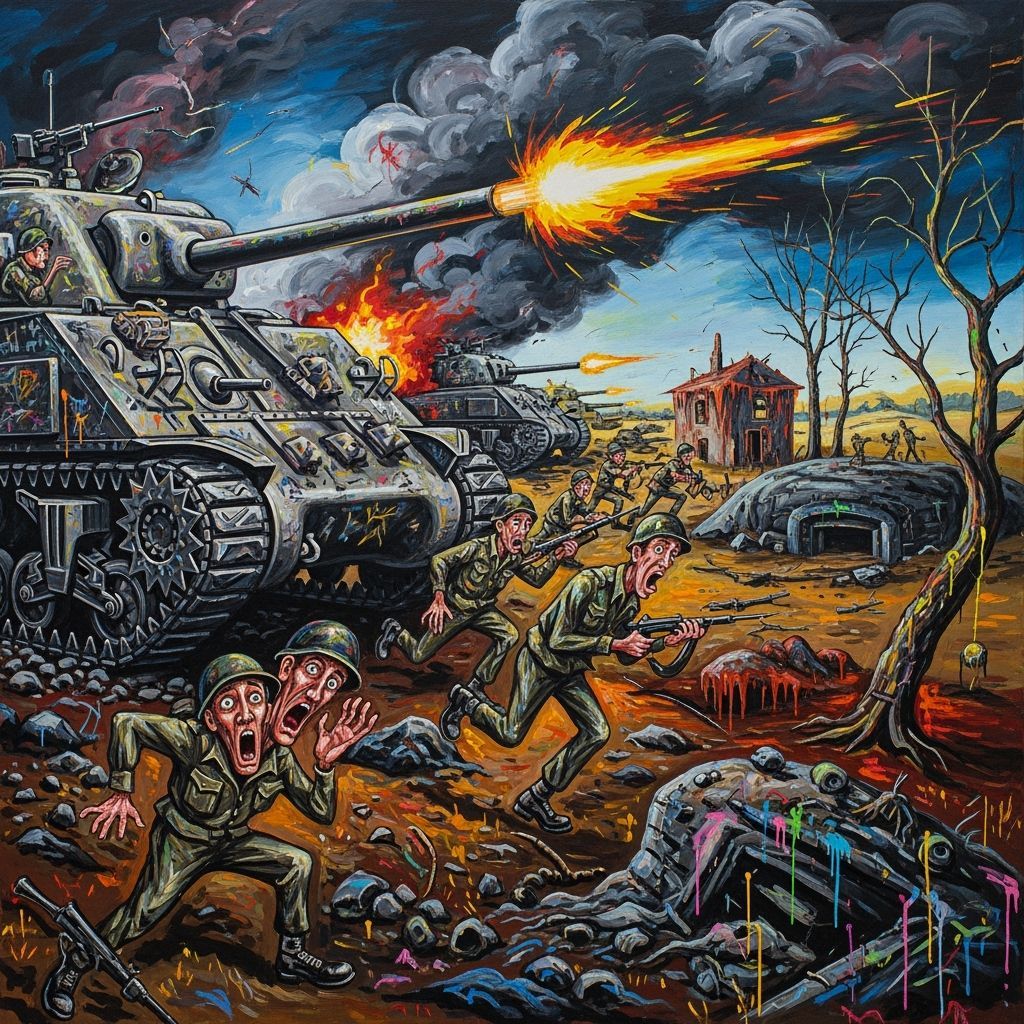 Surrealist Tank Battle in Oil Painting Style