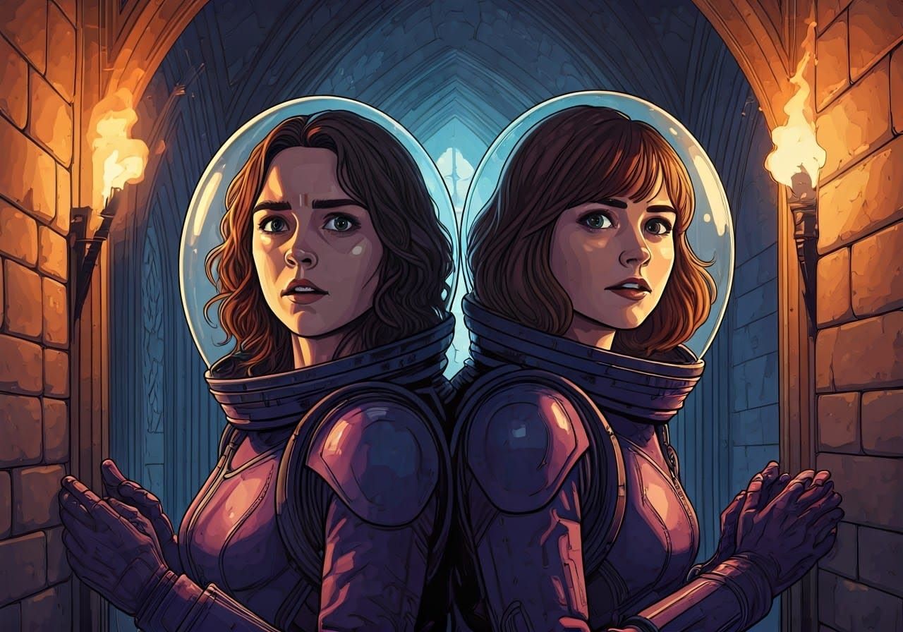 Purple Suits in Medieval Castle Corridor