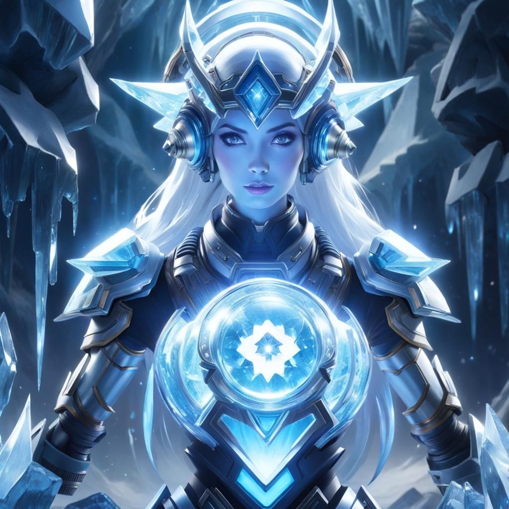Girl Piloting Ice Golem in Ethereal Fantasy Style