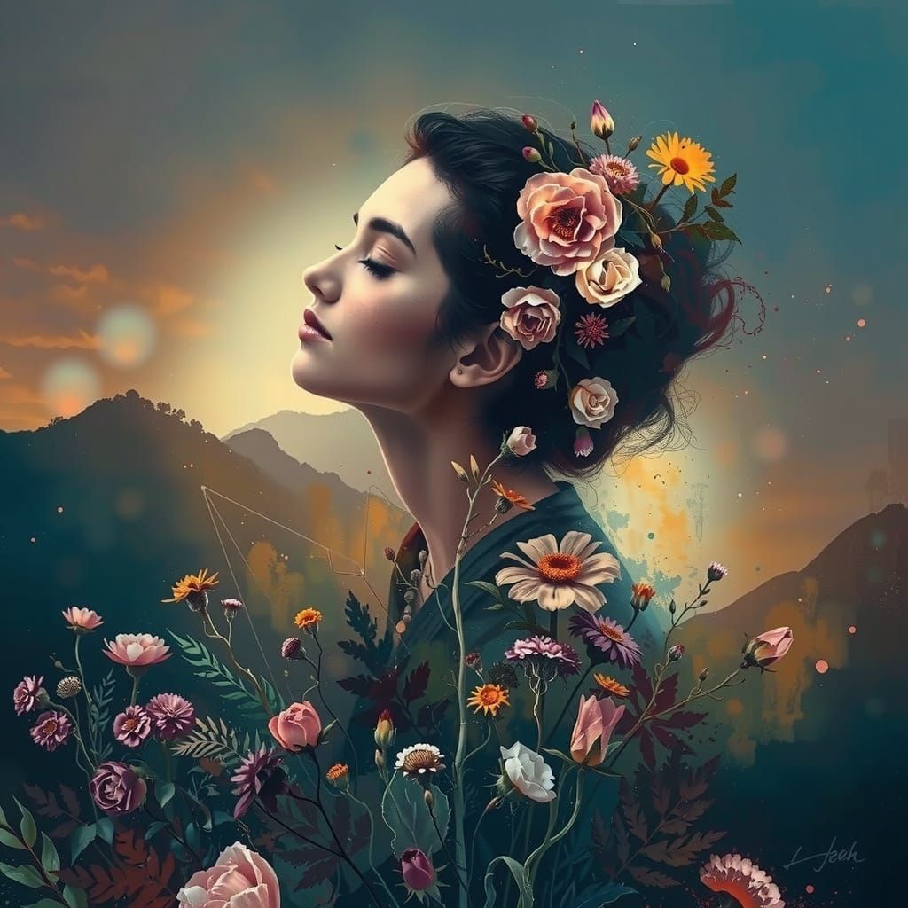 Abstract Portrait of Woman with Flowers, Brushwork Style