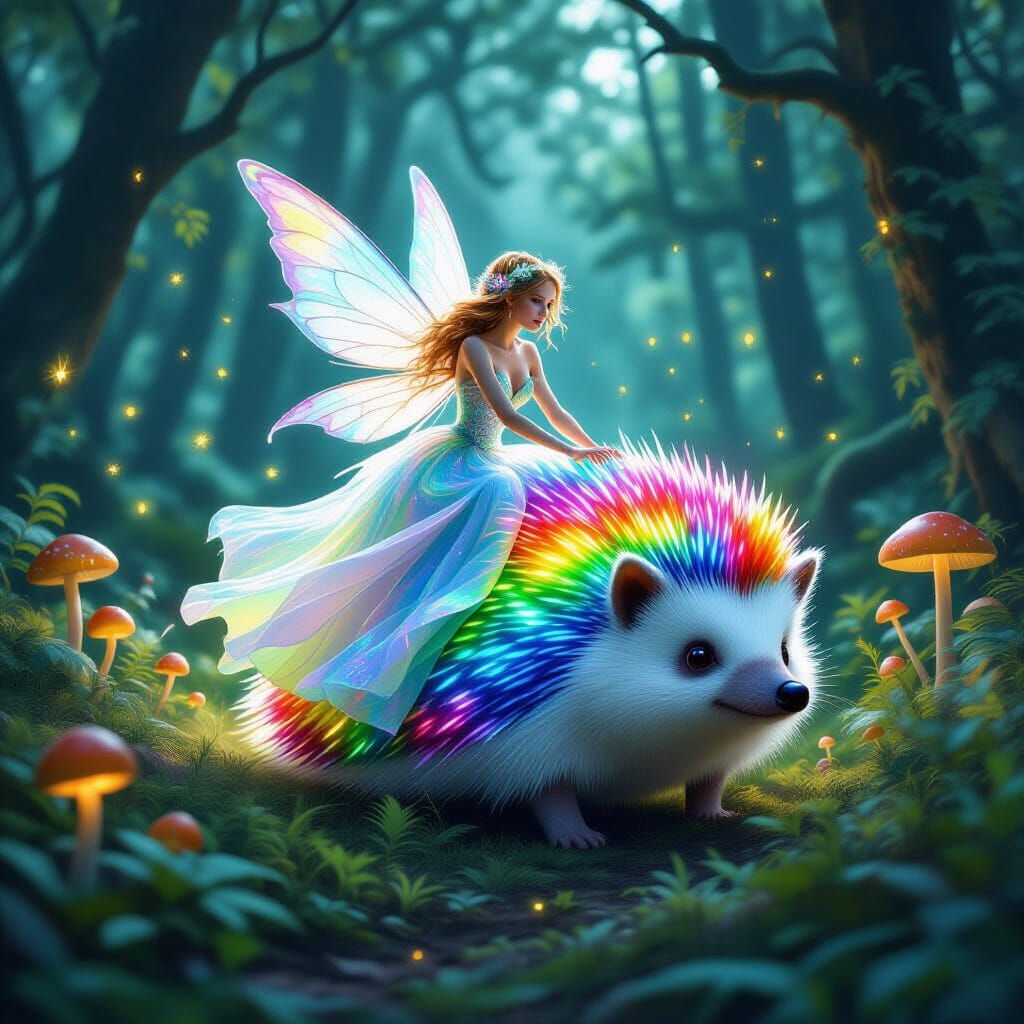 Bioluminescent Fairy Rides Rainbow Hedgehog in Forest