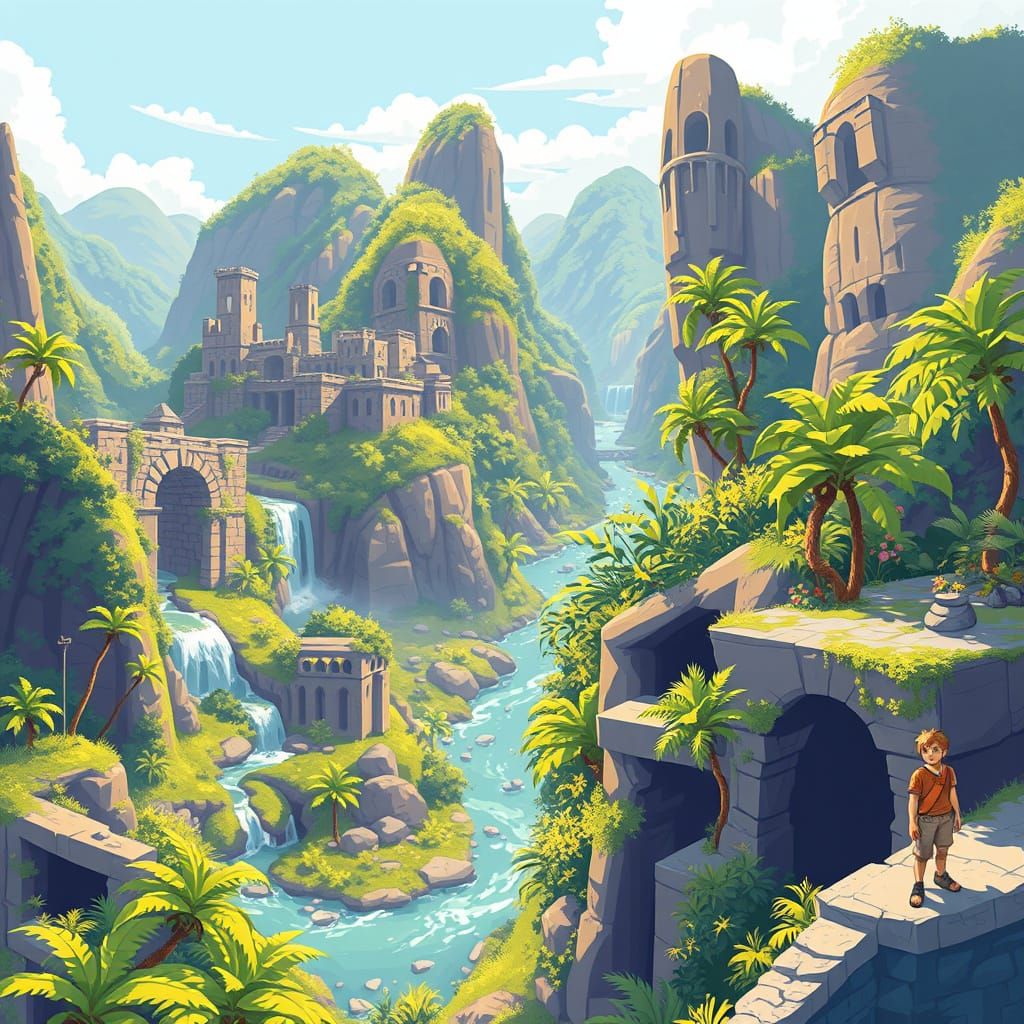 Ancient City Oasis in Vibrant Pixel Art