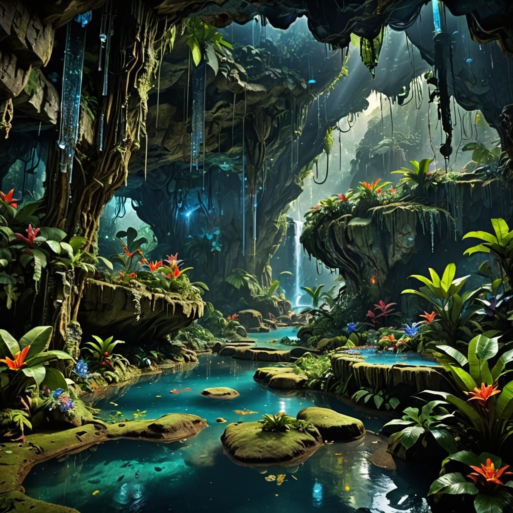 Lush Cave Rainforest with Crystalline Pools