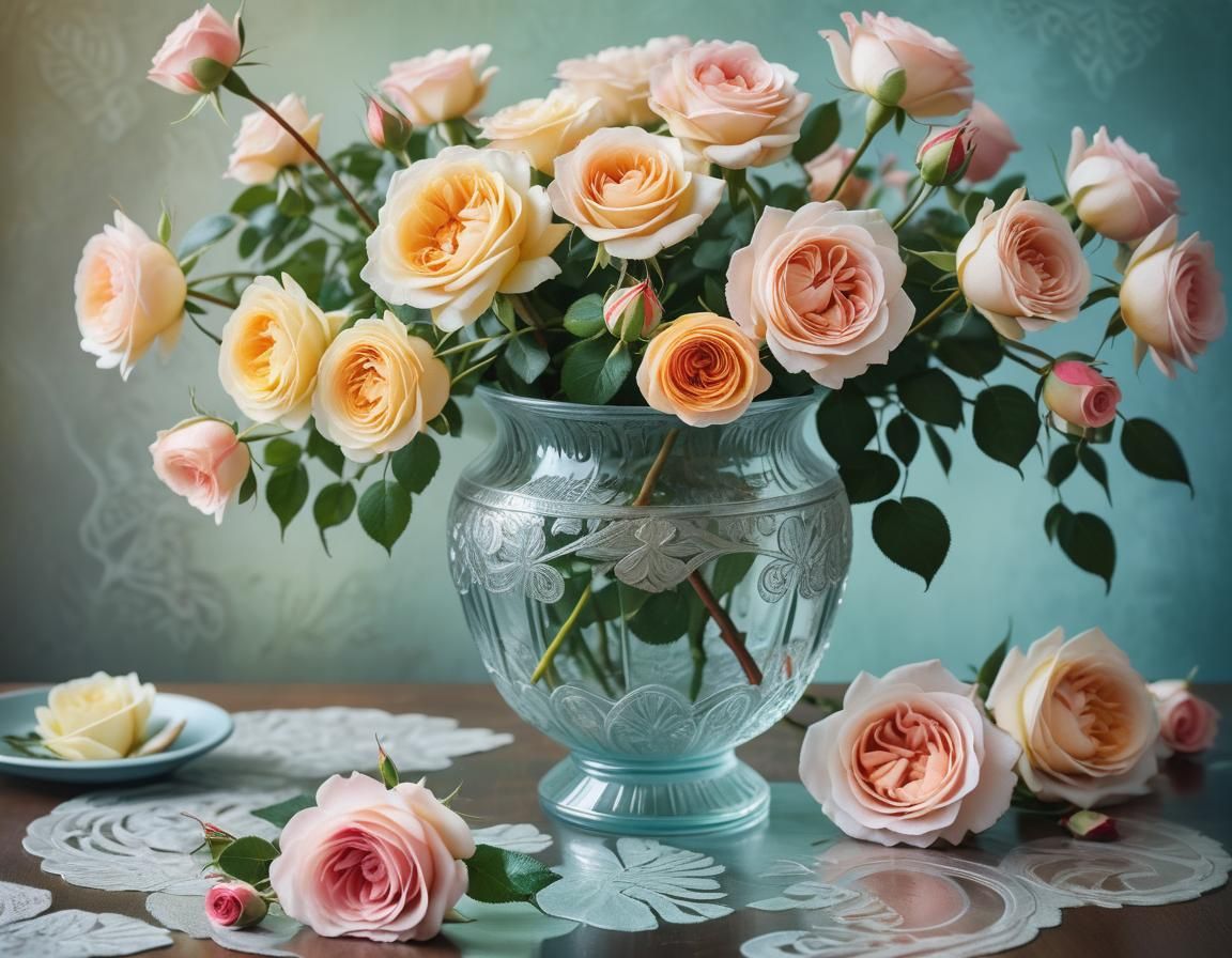 Fresh Roses in Etched Glass Vase