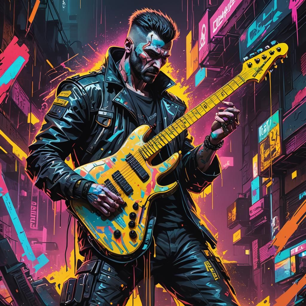 Cyberpunk Superhero Shreds Metal Guitar in Neon City