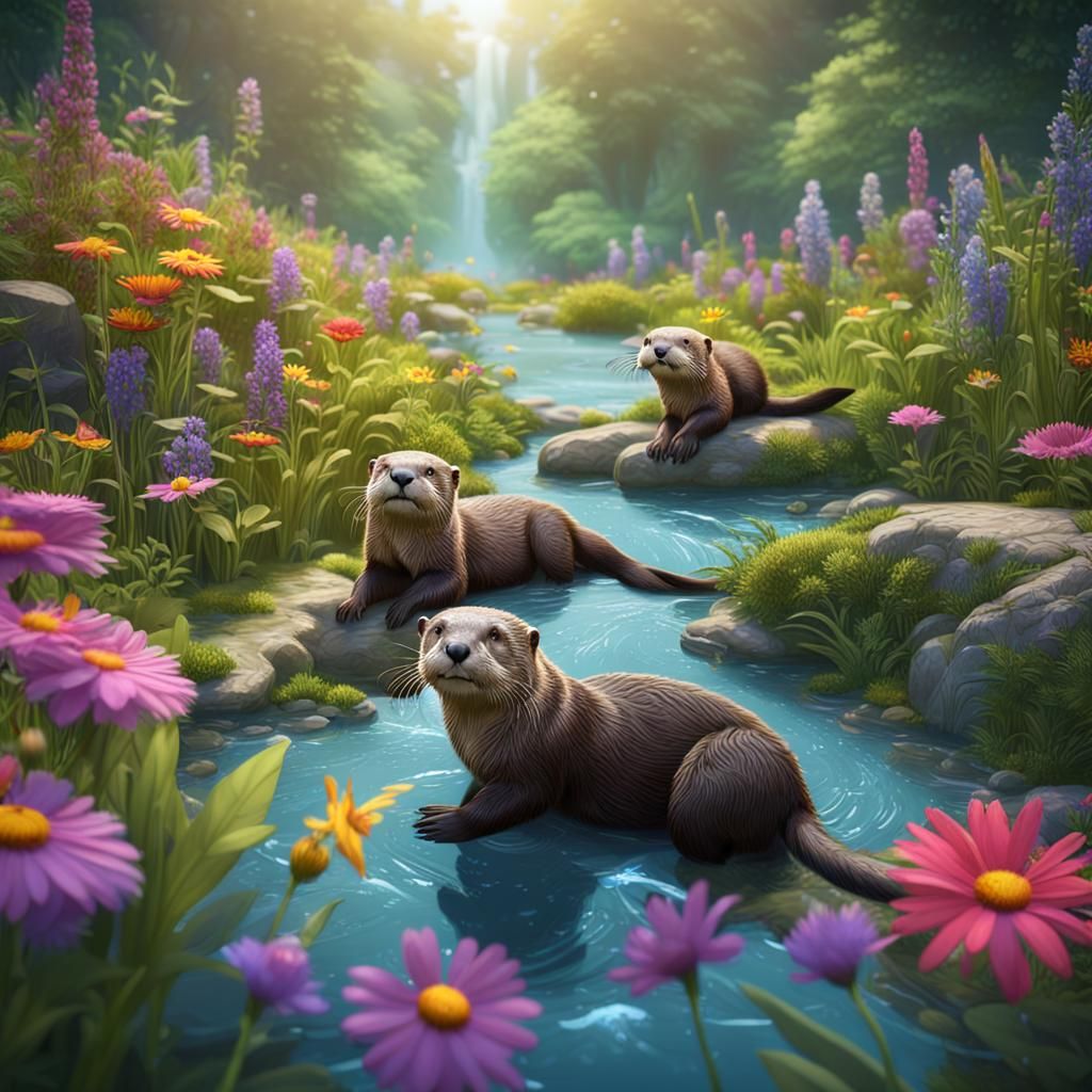 Otters Play in Stream: Detailed Matte Painting