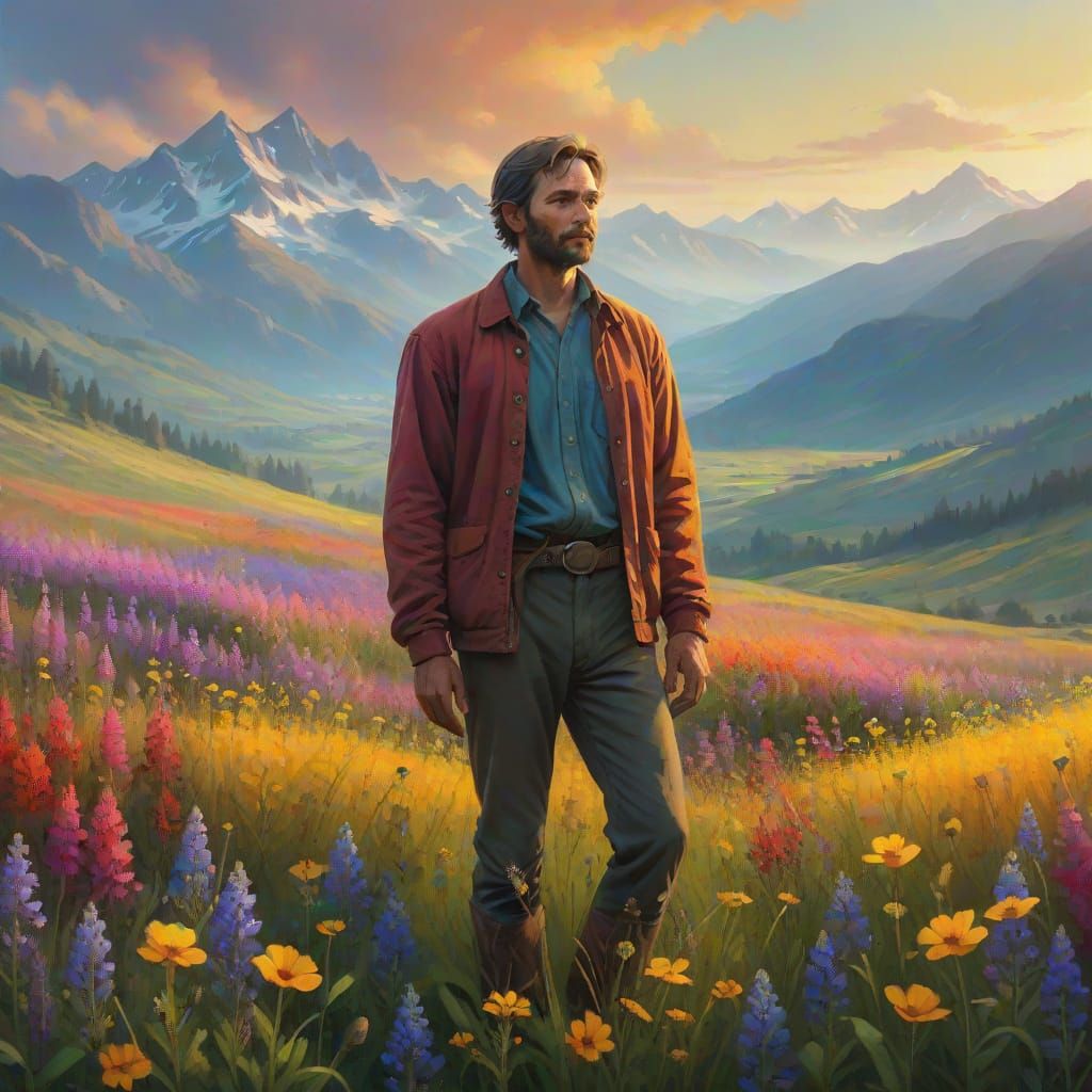Man in Wildflower Field: Vibrant Oil Painting