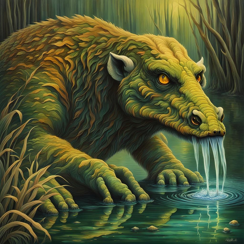 Australian Bunyip Drinks in Outback Billabong