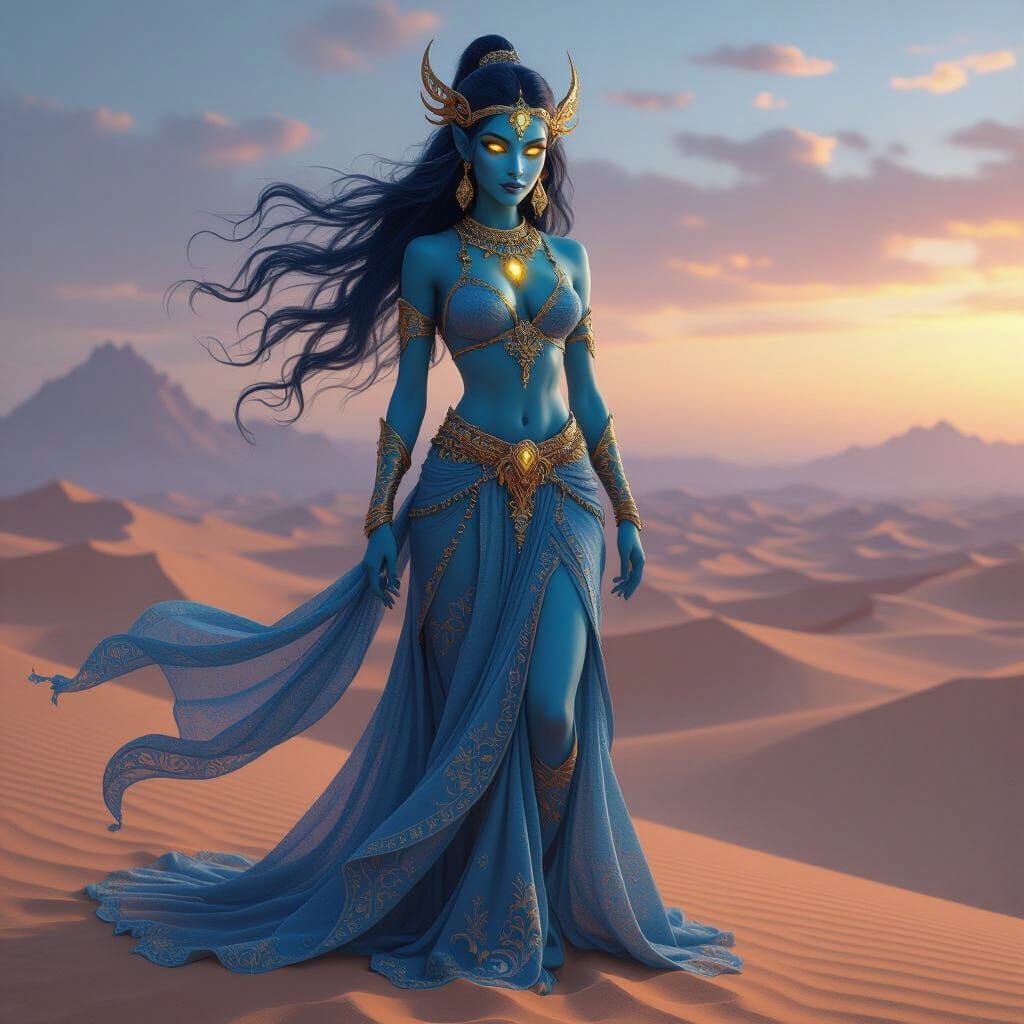 Majestic Cerulean Djinn in Mystical Desert Twilight